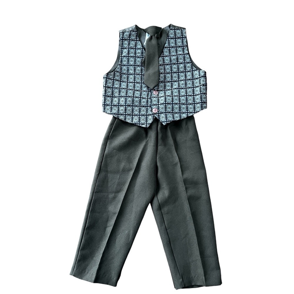 Vintage Toddler Boys Olive Green Formal Vest with Pants and Tie. Boys size: 3T